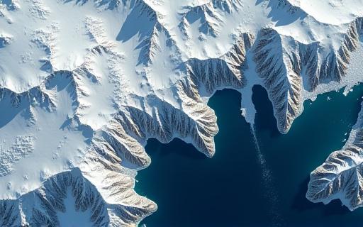 En satellitbild av ett avlägset bergsområde i polär region, symboliserande arbetskraftsplanering för krävande expeditioner.