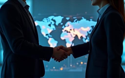 Två affärspersoner i ett handslag framför en genomskinlig digital karta, symboliserande strategisk HR-rådgivning för GIS-företag.